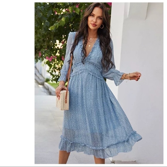 V Neck Print Long Dress Women Butterfly Sleeve High Waist Chiffon Summer - Picture 1 of 7